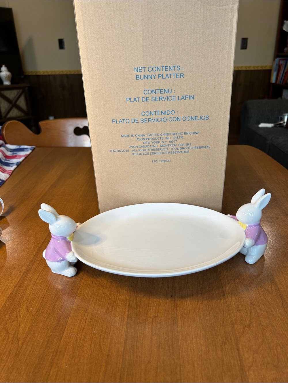 Avon 2015 Ceramic Bunny Handle Serving Platter in White and Pink